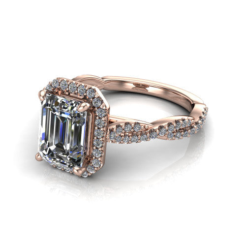 Dahlia Emerald Shape Halo Engagement Ring in 14K Rose Gold