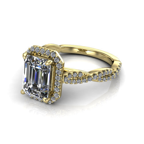 Dahlia Emerald Shape Halo Engagement Ring in 18K Yellow Gold