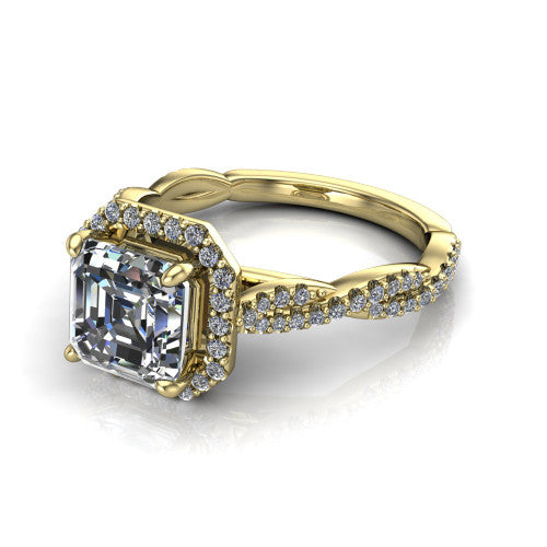 Dahlia Square Emerald Shape Halo Engagement Ring in 18K Yellow Gold