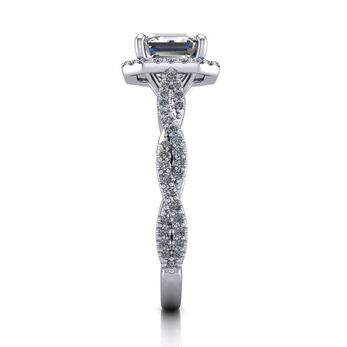 Dahlia Square Emerald Shape Halo Engagement Ring in 14K White Gold