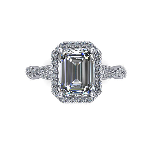 Dahlia Emerald Shape Halo Engagement Ring in 14K White Gold