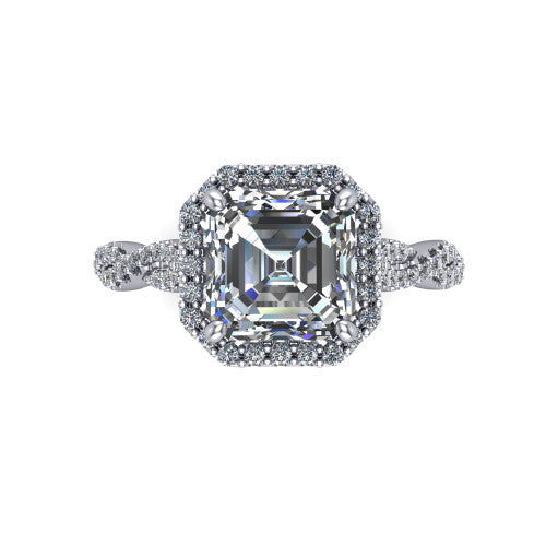 Dahlia Square Emerald Shape Halo Engagement Ring in Platinum