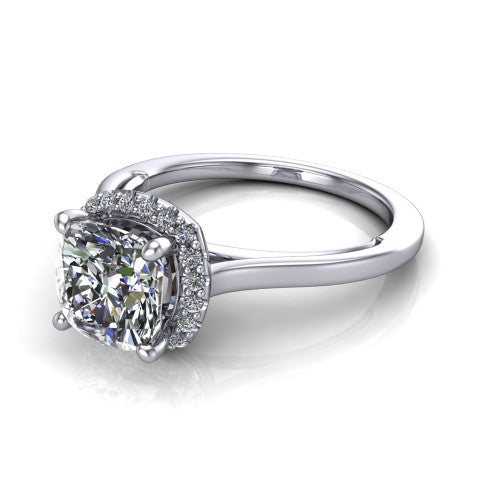 Makenzie cushion halo engagement ring in 14K White Gold, three-quarter perspective showing the cushion center diamond in a pave halo on a thin polished band
