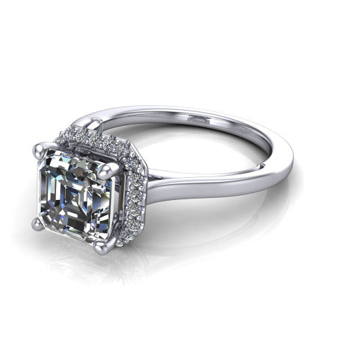 Makenzie square emerald halo engagement ring in 14K White Gold, three-quarter perspective showing the square emerald center diamond in a pave halo on a thin polished band