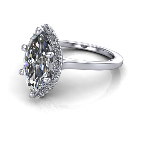 Makenzie marquise halo engagement ring in 18K White Gold, three-quarter perspective showing the marquise center diamond in a pave halo on a thin polished band