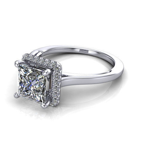 Makenzie princess halo engagement ring in 14K White Gold, three-quarter perspective showing the princess center diamond in a pave halo on a thin polished band