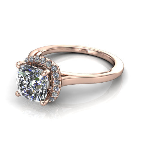 Makenzie cushion halo engagement ring in 18K Rose Gold, three-quarter perspective showing the cushion center diamond in a pave halo on a thin polished band