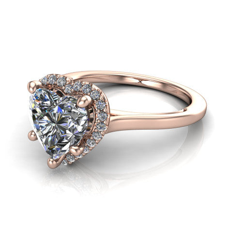 Makenzie heart halo engagement ring in 18K Rose Gold, three-quarter perspective showing the heart center diamond in a pave halo on a thin polished band