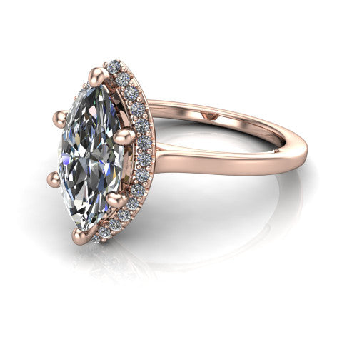 Makenzie marquise halo engagement ring in 14K Rose Gold, three-quarter perspective showing the marquise center diamond in a pave halo on a thin polished band