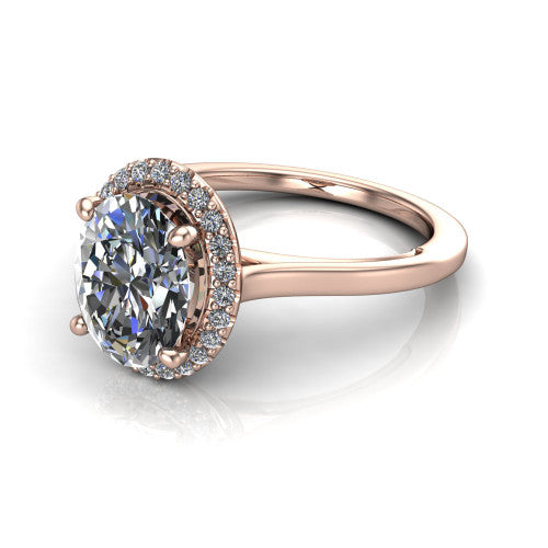 Makenzie oval halo engagement ring in 14K Rose Gold, three-quarter perspective showing the oval center diamond in a pave halo on a thin polished band