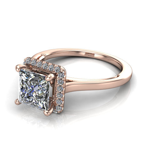 Makenzie princess halo engagement ring in 18K Rose Gold, three-quarter perspective showing the princess center diamond in a pave halo on a thin polished band
