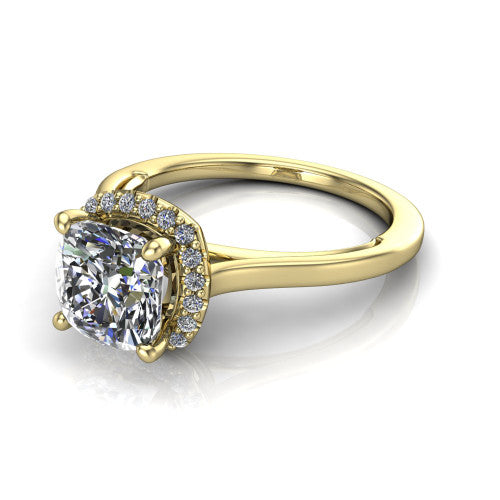 Makenzie cushion halo engagement ring in 18K Yellow Gold, three-quarter perspective showing the cushion center diamond in a pave halo on a thin polished band