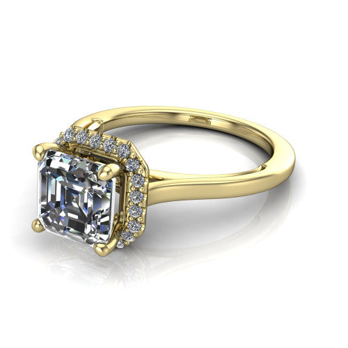 Makenzie square emerald halo engagement ring in 14K Yellow Gold, three-quarter perspective showing the square emerald center diamond in a pave halo on a thin polished band