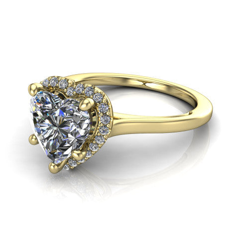 Makenzie heart halo engagement ring in 14K Yellow Gold, three-quarter perspective showing the heart center diamond in a pave halo on a thin polished band
