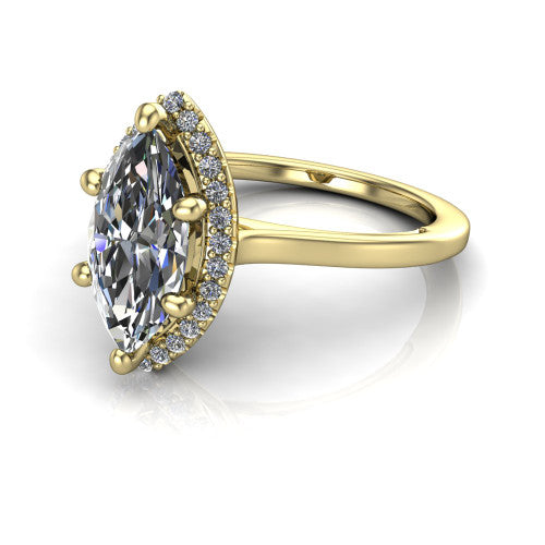 Makenzie marquise halo engagement ring in 18K Yellow Gold, three-quarter perspective showing the marquise center diamond in a pave halo on a thin polished band