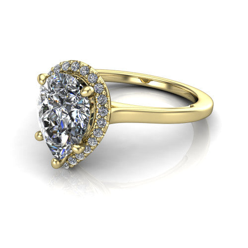 Makenzie pear halo engagement ring in 14K Yellow Gold, three-quarter perspective showing the pear center diamond in a pave halo on a thin polished band