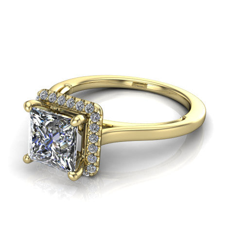 Makenzie princess halo engagement ring in 18K Yellow Gold, three-quarter perspective showing the princess center diamond in a pave halo on a thin polished band