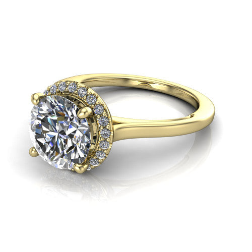 Makenzie round halo engagement ring in 18K Yellow Gold, three-quarter perspective showing the round center diamond in a pave halo on a thin polished band