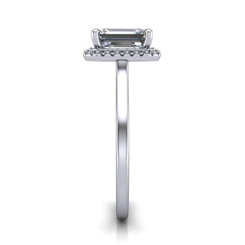 Makenzie emerald halo engagement ring in 18K White Gold, side profile showing the hidden heart detail and thin band