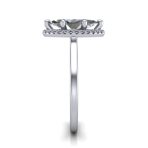 Makenzie marquise halo engagement ring in 14K White Gold, side profile showing the hidden heart detail and thin band