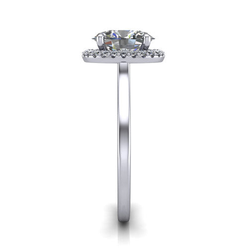 Makenzie oval halo engagement ring in Platinum, side profile showing the hidden heart detail and thin band