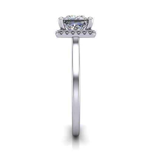 Makenzie princess halo engagement ring in 18K White Gold, side profile showing the hidden heart detail and thin band