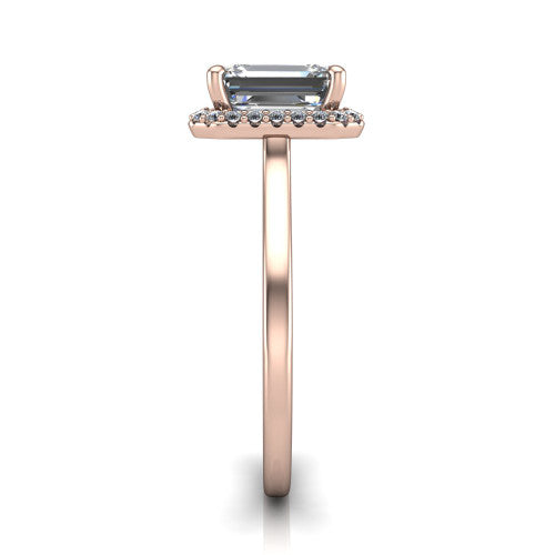 Makenzie emerald halo engagement ring in 14K Rose Gold, side profile showing the hidden heart detail and thin band