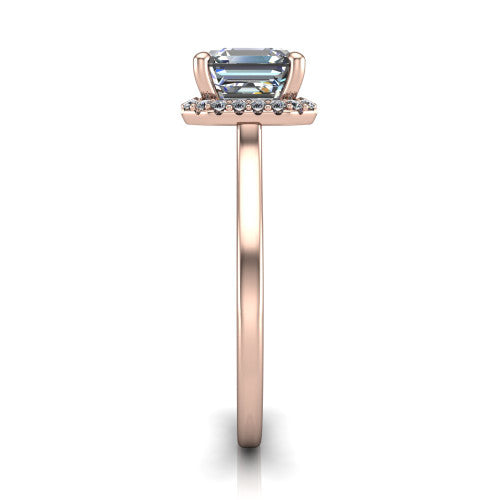 Makenzie square emerald halo engagement ring in 18K Rose Gold, side profile showing the hidden heart detail and thin band