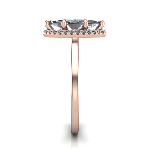 Makenzie marquise halo engagement ring in 18K Rose Gold, side profile showing the hidden heart detail and thin band
