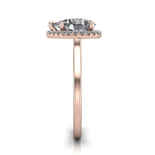 Makenzie pear halo engagement ring in 18K Rose Gold, side profile showing the hidden heart detail and thin band