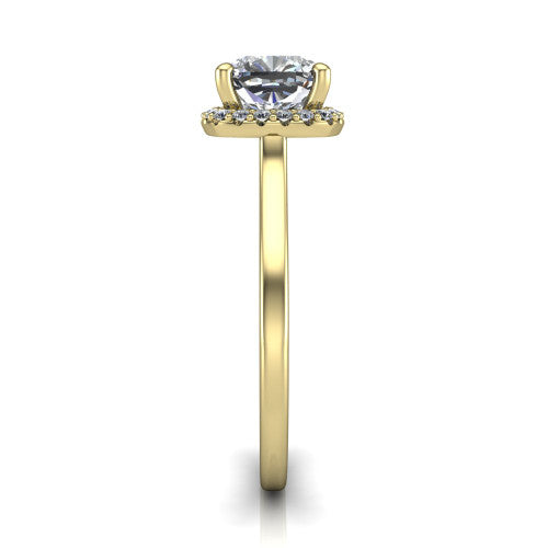 Makenzie cushion halo engagement ring in 14K Yellow Gold, side profile showing the hidden heart detail and thin band