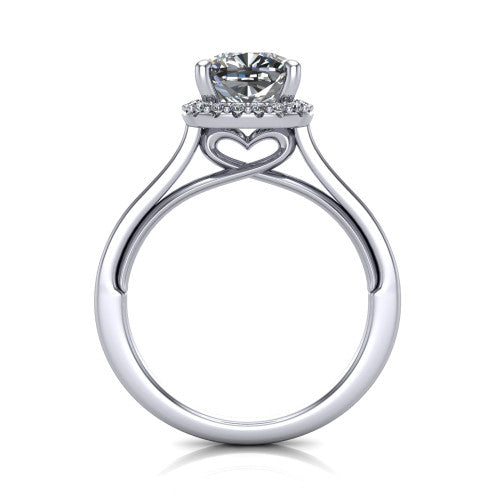 Makenzie cushion halo engagement ring in 18K White Gold, through-finger front profile showing the hidden heart in the gallery