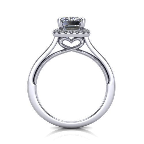 Makenzie emerald halo engagement ring in Platinum, through-finger front profile showing the hidden heart in the gallery