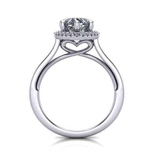Makenzie heart halo engagement ring in 14K White Gold, through-finger front profile showing the hidden heart in the gallery