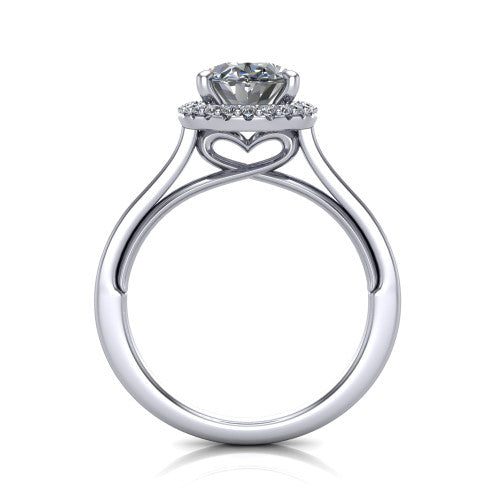 Makenzie oval halo engagement ring in 18K White Gold, through-finger front profile showing the hidden heart in the gallery