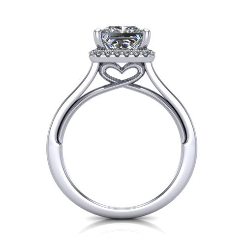 Makenzie princess halo engagement ring in 18K White Gold, through-finger front profile showing the hidden heart in the gallery