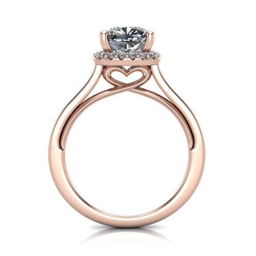Makenzie cushion halo engagement ring in 14K Rose Gold, through-finger front profile showing the hidden heart in the gallery