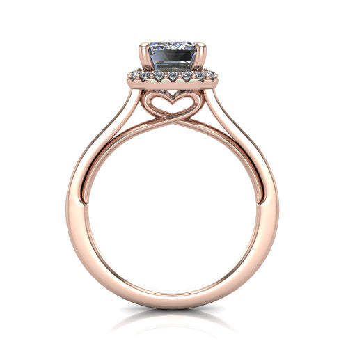 Makenzie emerald halo engagement ring in 14K Rose Gold, through-finger front profile showing the hidden heart in the gallery