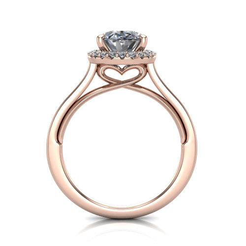 Makenzie oval halo engagement ring in 14K Rose Gold, through-finger front profile showing the hidden heart in the gallery