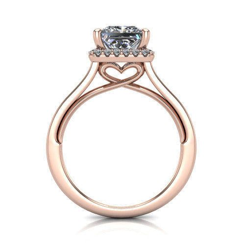 Makenzie princess halo engagement ring in 14K Rose Gold, through-finger front profile showing the hidden heart in the gallery