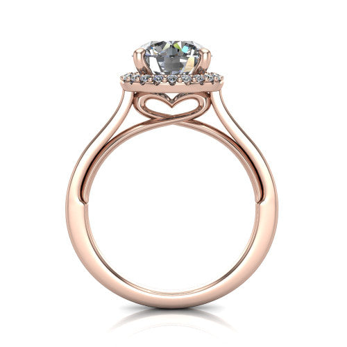 Makenzie round halo engagement ring in 18K Rose Gold, through-finger front profile showing the hidden heart in the gallery