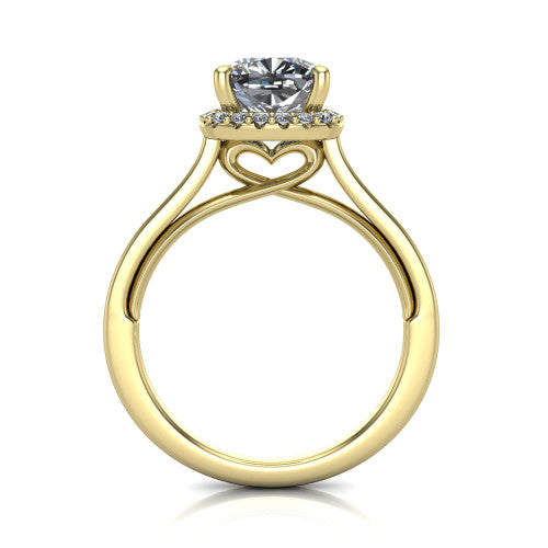 Makenzie cushion halo engagement ring in 14K Yellow Gold, through-finger front profile showing the hidden heart in the gallery