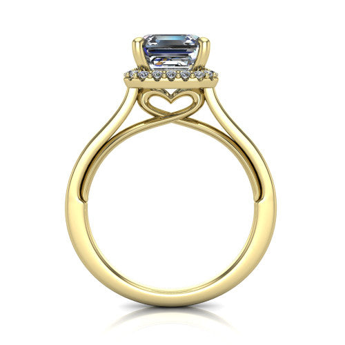 Makenzie square emerald halo engagement ring in 14K Yellow Gold, through-finger front profile showing the hidden heart in the gallery