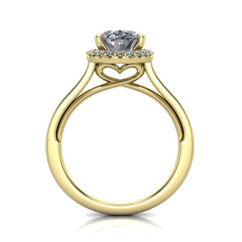 Makenzie oval halo engagement ring in 14K Yellow Gold, through-finger front profile showing the hidden heart in the gallery
