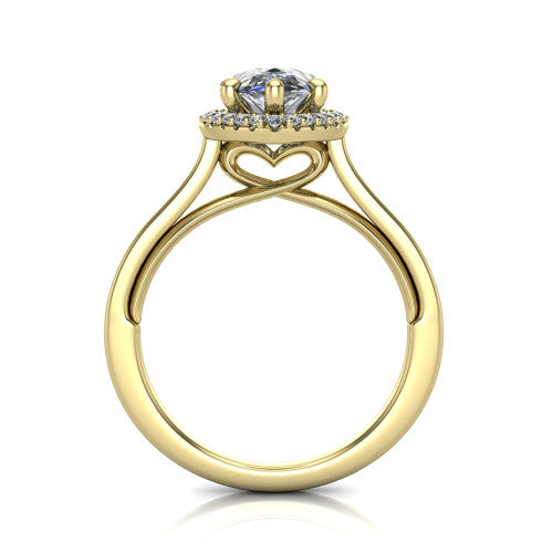 Makenzie pear halo engagement ring in 18K Yellow Gold, through-finger front profile showing the hidden heart in the gallery
