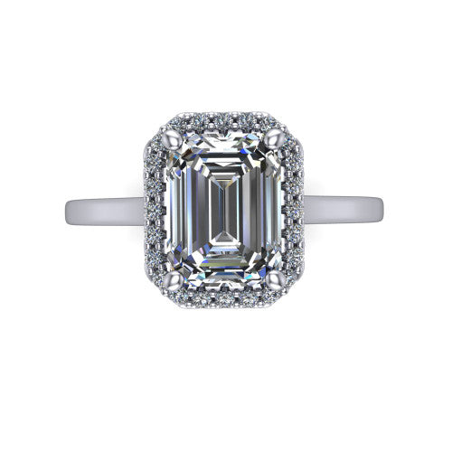 Makenzie emerald halo engagement ring in 14K White Gold, top-down view showing the emerald center diamond framed by a pave halo