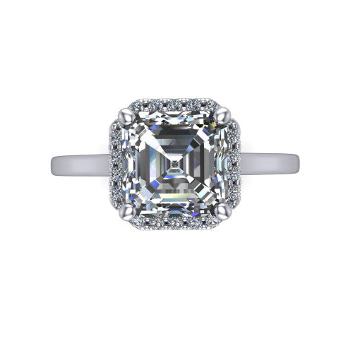 Makenzie square emerald halo engagement ring in Platinum, top-down view showing the square emerald center diamond framed by a pave halo