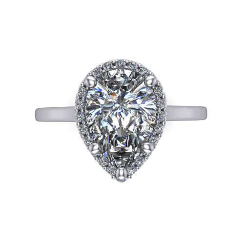 Makenzie pear halo engagement ring in 14K White Gold, top-down view showing the pear center diamond framed by a pave halo