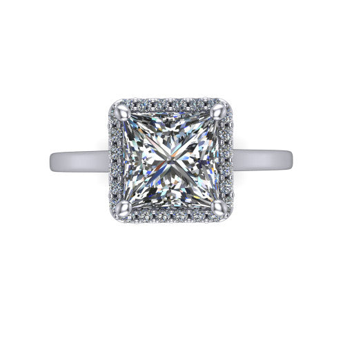 Makenzie princess halo engagement ring in Platinum, top-down view showing the princess center diamond framed by a pave halo