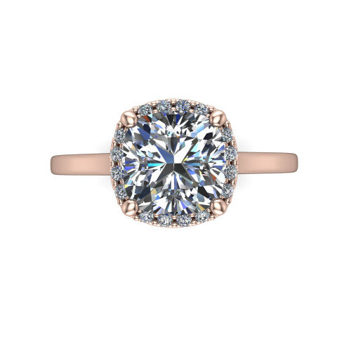 Makenzie cushion halo engagement ring in 14K Rose Gold, top-down view showing the cushion center diamond framed by a pave halo